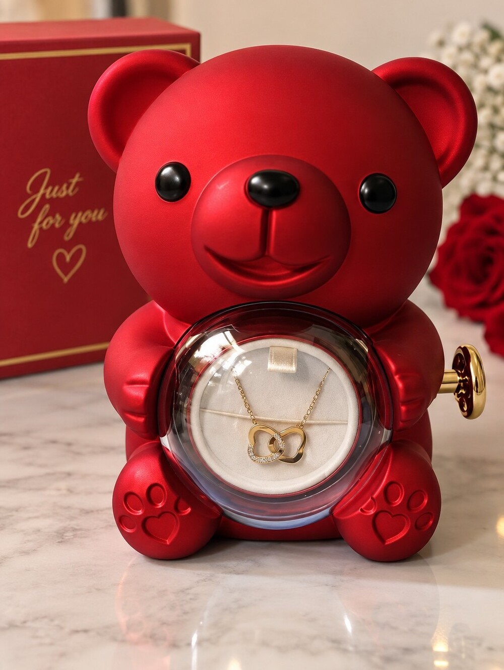Bear Jewelry Case with Eternal Rose & Heart Pendant – Gift Set - Picture 2 of 9